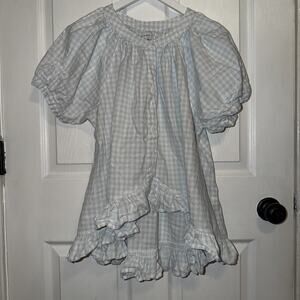 Piyama Blue Gingham Print Puff Sleeve Ruffle Button Top M Medium